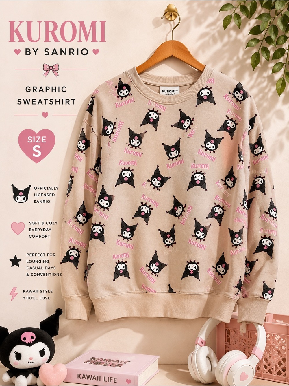 Kuromi by Sanrio Allover Print Graphic Sweatshirt Size Small
